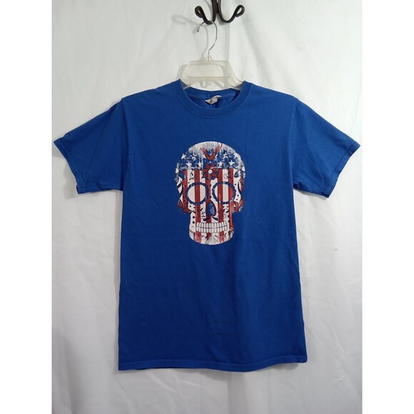 Fruit Of The Loom women Small blue Tee Shirt Skull American Flag Floral - Picture 2 of 11